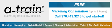 A-train marketing offers a free marketing consultation. Call 970.419.3218 to get started. Services listed: branding, messaging, digital, design, strategy, advertising, video, non-profit.