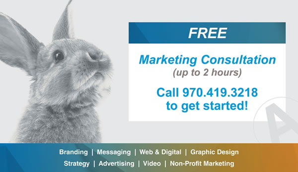 Gray rabbit on left, ad on right offering a free marketing consultation up to 2 hours with phone number 970.419.3218. Blue bar lists branding, messaging, web, digital, and graphic design services.