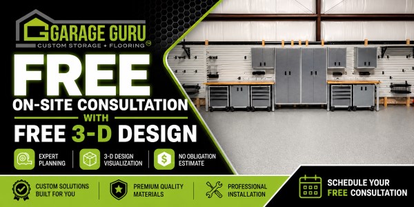 Promotional banner offering a free on-site consultation and 3-D design for garage storage solutions, featuring images of organized cabinets and service icons.