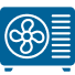 Blue icon of an outdoor air conditioning unit with a fan and slats.