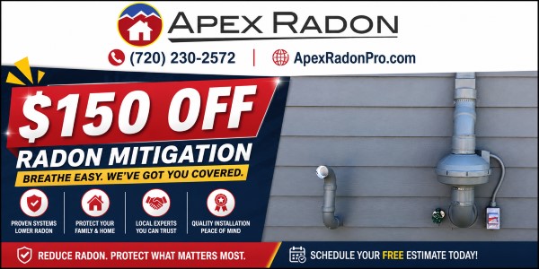 Advertisement for Apex Radon offering $150 off radon mitigation, with contact info, website, benefits icons, and an image of a radon mitigation system mounted on a building exterior.