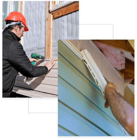 A construction worker wearing a hard hat installs vinyl siding on a building, and a close-up shows hands attaching a siding corner piece.