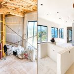 Side-by-side comparison of a room under construction on the left and the same room finished with clean walls, fireplace, and large windows on the right.