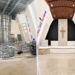 Before and after renovation of a church interior; left shows construction, right shows a finished altar with a cross, stone wall, and polished floor.