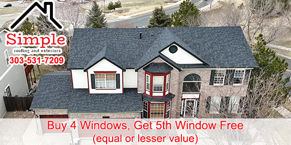 Aerial view of a two-story house with a special offer: Buy 4 windows, get the 5th free. Company name and phone number displayed in the upper left corner.