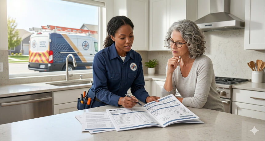 girl electrician in denver explaining to home owner