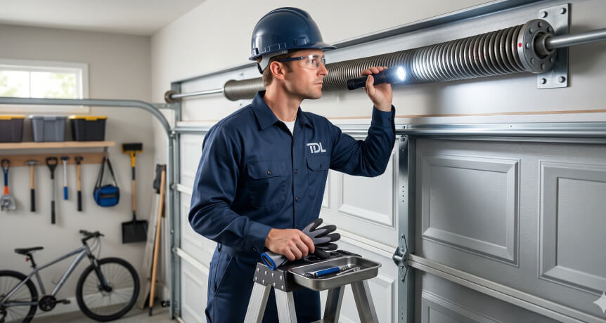 img - man with flashlight checking garage door installation
