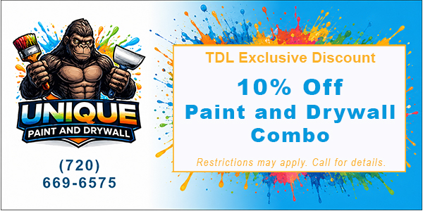 Discount ad showing a gorilla logo for Unique Paint and Drywall and text offering 10% off a paint and drywall combo, with a phone number and a note that restrictions may apply.